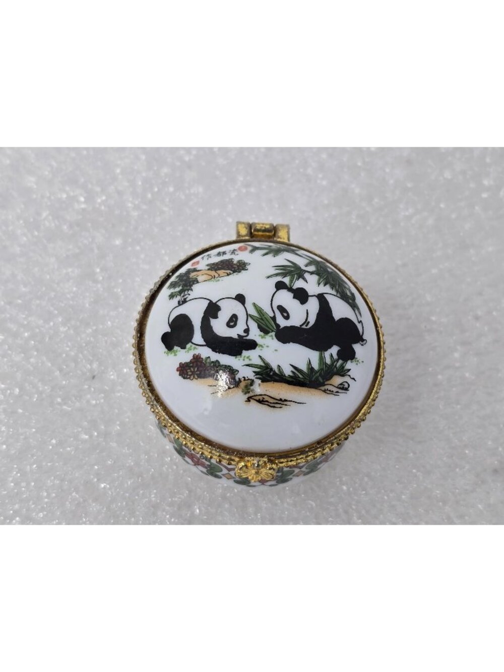 Vintage Chinese Porcelain Panda Trinket Pill Box Brass Gold Tone Hinged